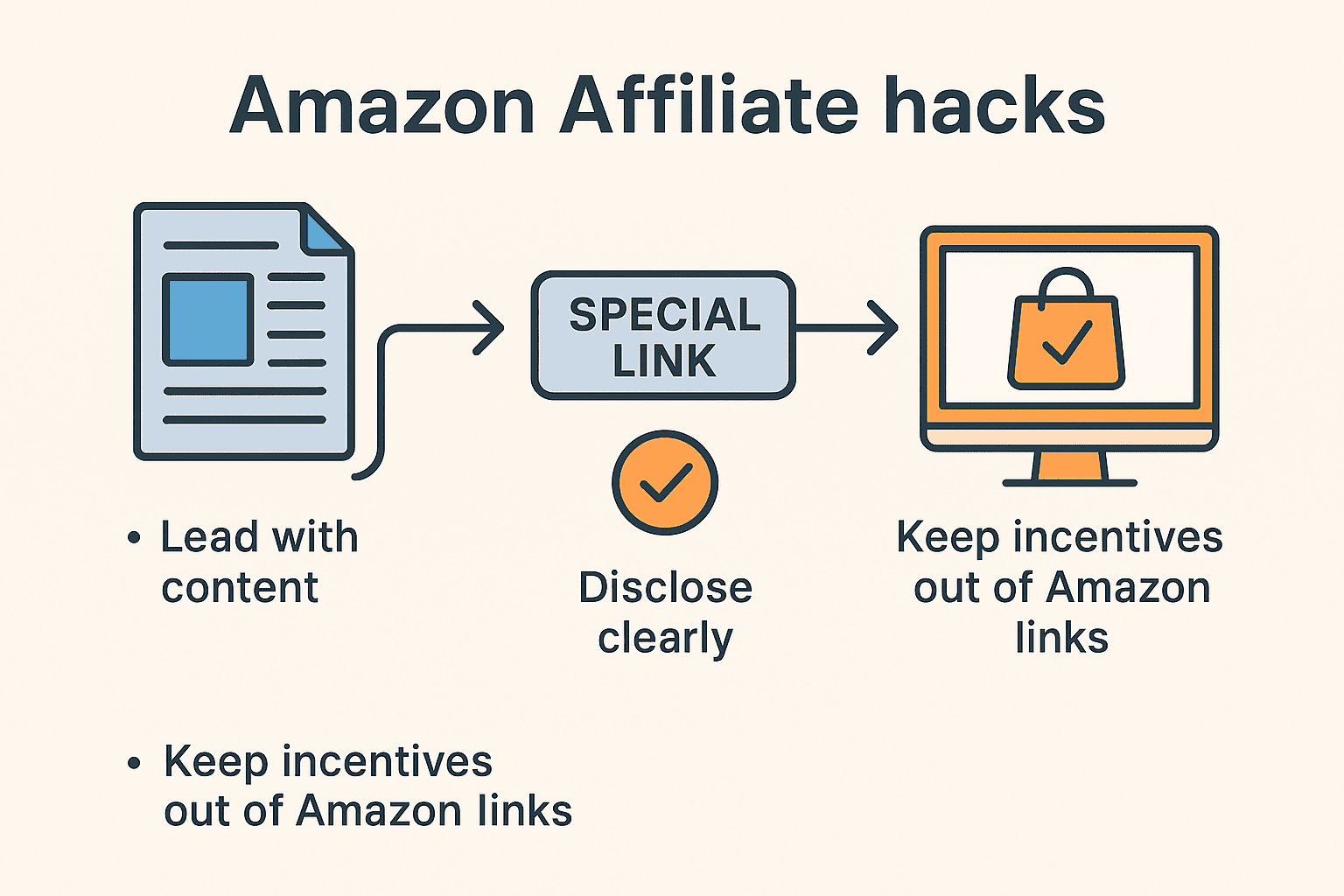 Diagram of a compliant Amazon affiliate flow from article to Special Link to product page