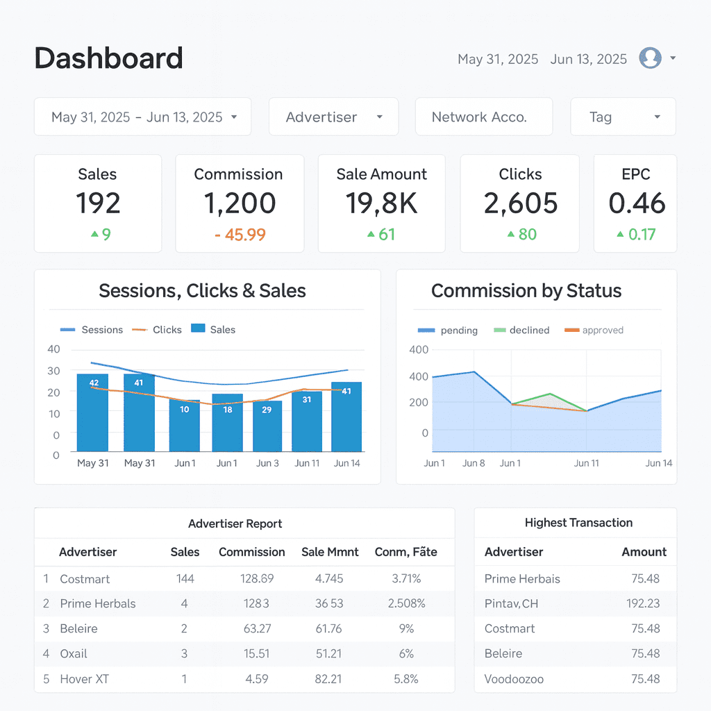 Simple dashboard with opt-in rate, CTR to merchant, EPC, and ROI