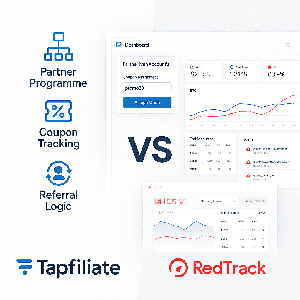 Dashboard mockups: partner portal with coupon assignment vs cross-channel ROI and fraud flags