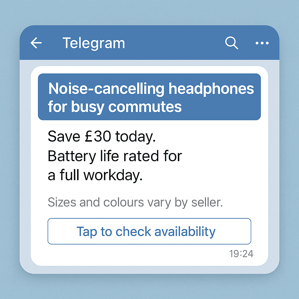 Screenshot concept of a Telegram post with clear headline, benefit, and call to action