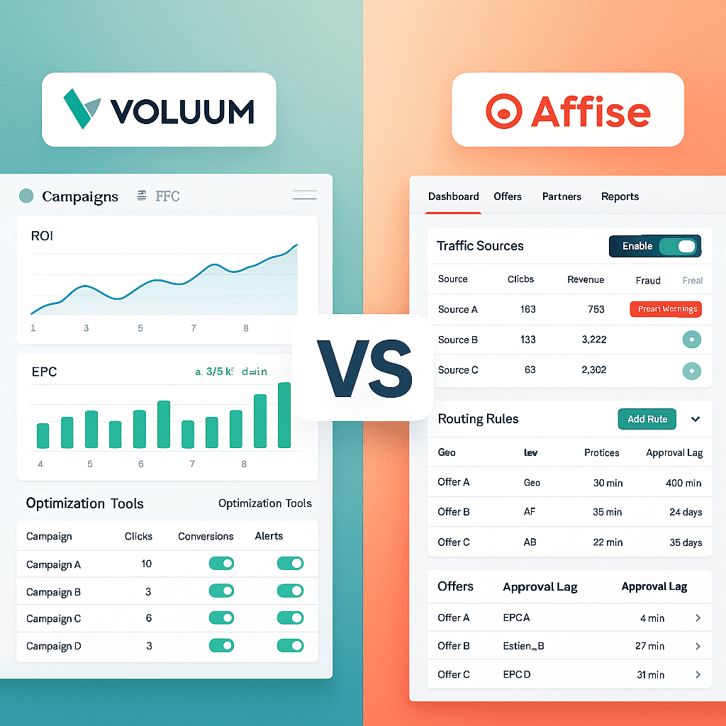 Side-by-side comparison concept: Voluum optimisation focus vs Affise network governance